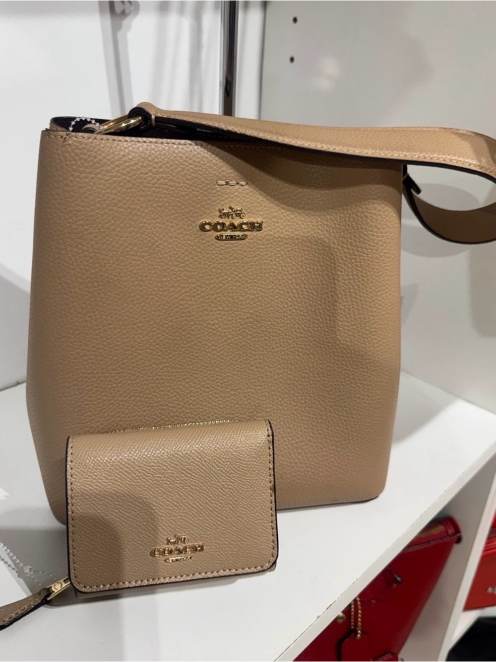 COACH Pebbled Leather Shoulder Bag and Card Case in Beige